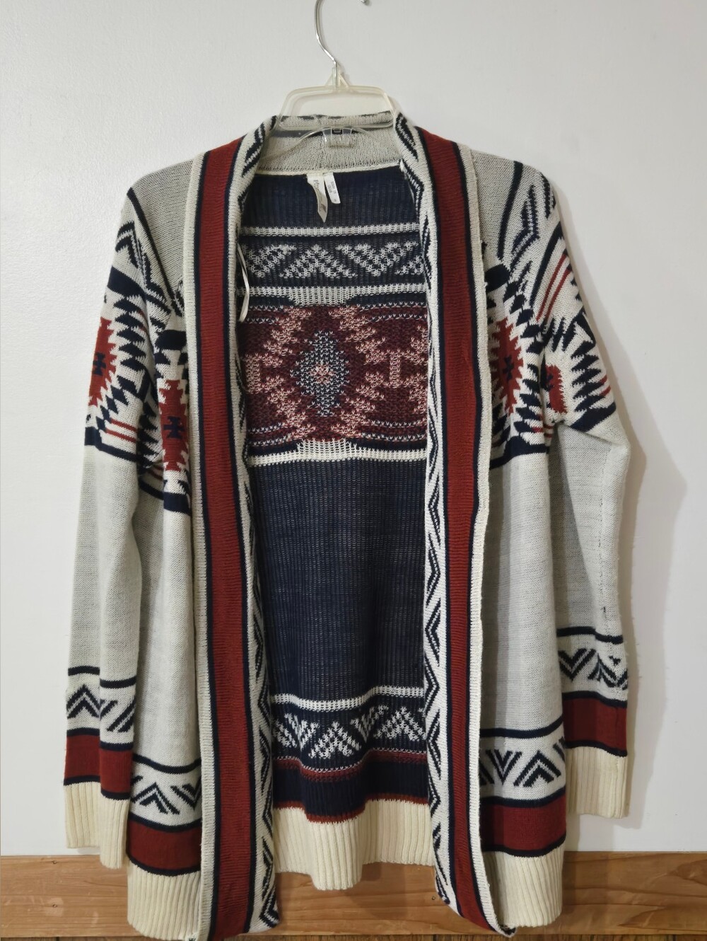 Pink Owl Aztec Open-Front Cardigan Sweater - Cream & Navy with Rust Accents M